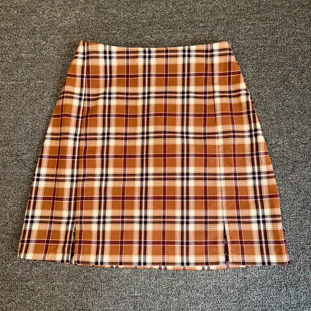 Brandy Melville Mini Skirt Women's Orange Brown Plaid Stretch Slit Hem Small /XS